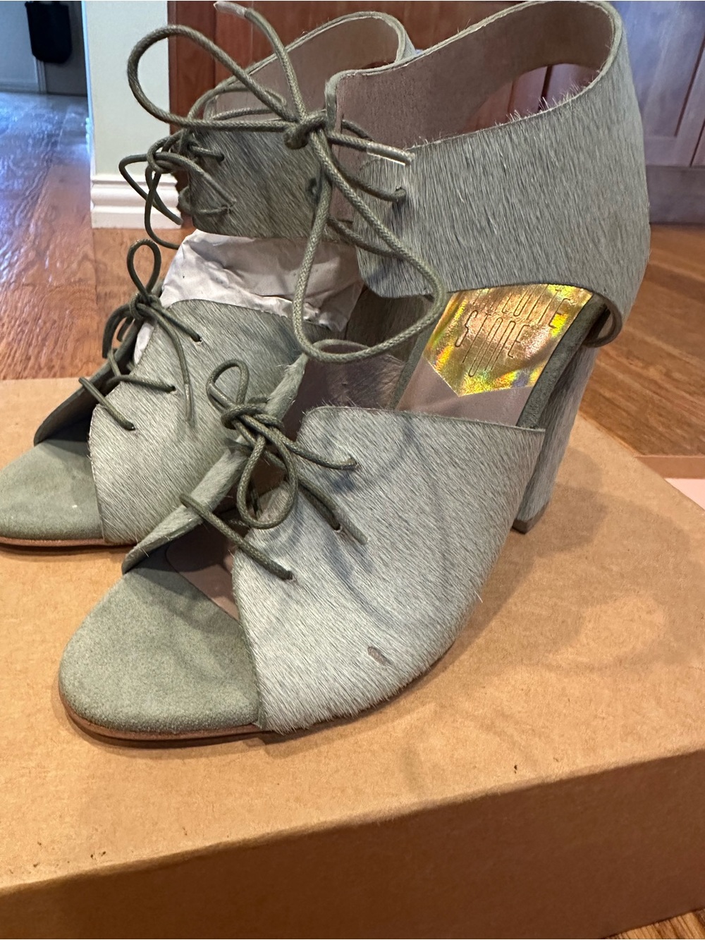 Charlotte Stone Sage Green Lace-Up Open-Toe Block Heels